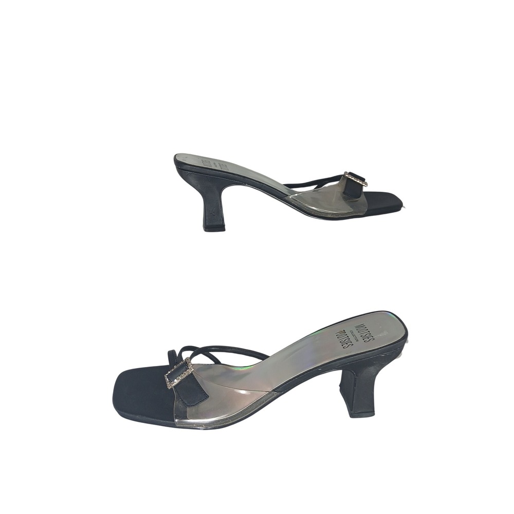 Mootsies Tootsies Slides 9 Black Clear Y2K Rhinestone Kitten Heel Square Toe